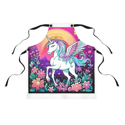 Colorful apron featuring an whimsical unicorn design with vibrant garden and butterflies