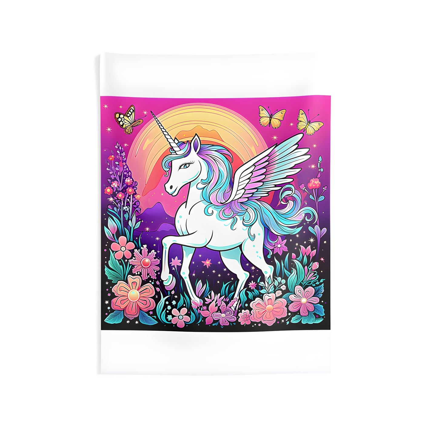 Indoor wall tapestry featuring a colorful unicorn design in nature