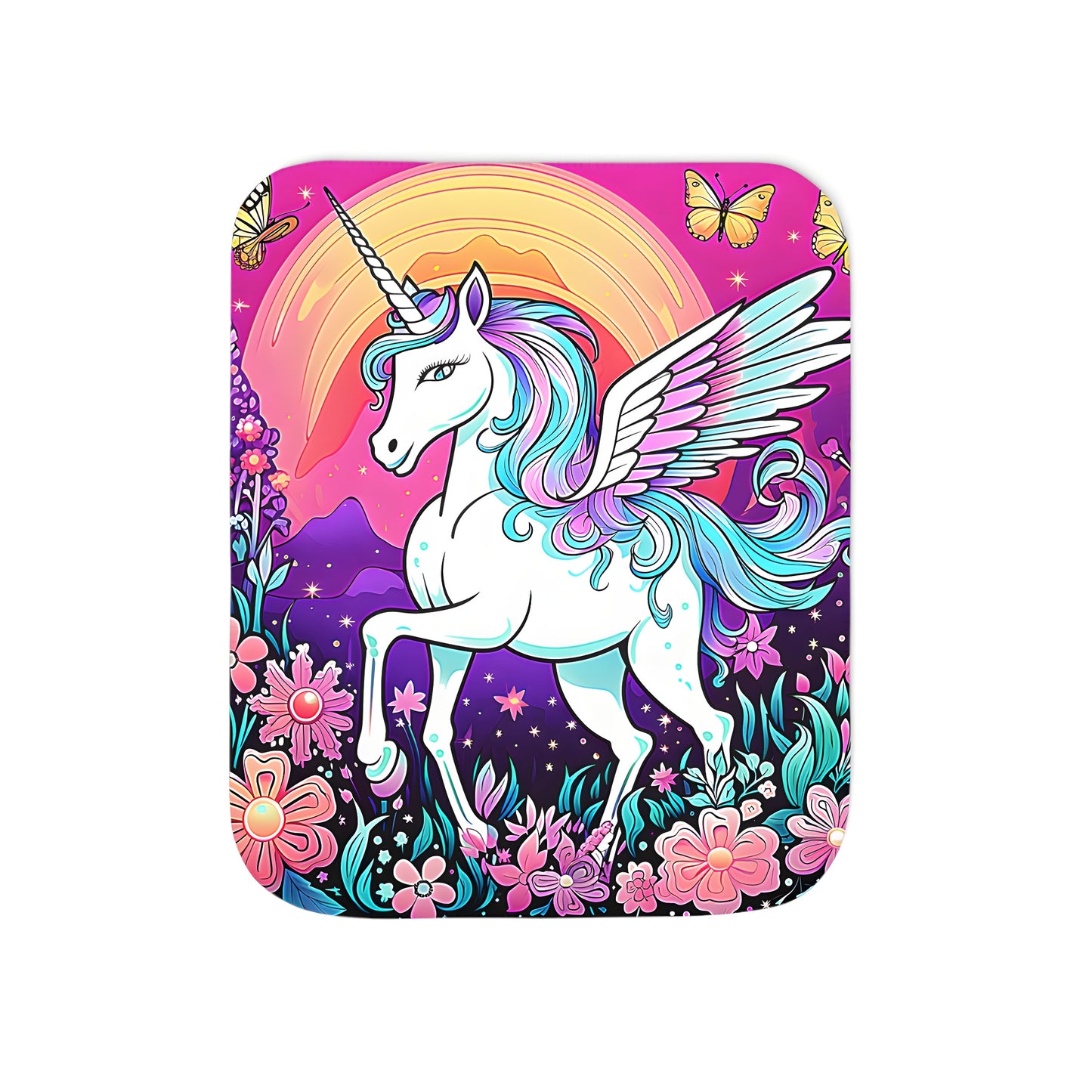 Colorful unicorn blanket with wings and mane surrounded by butterflies and flowers under a rainbow sky