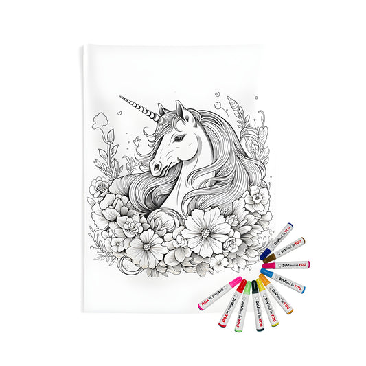 Indoor wall tapestry featuring detailed black and white outline of a horse-like mythical creature with flowing mane surrounded by colorful flowers for home decor