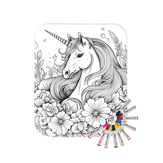 Blanket featuring a detailed black and white unicorn illustration with a flowing mane surrounded by various flowers