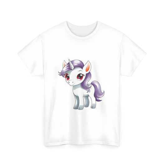 Colorful cartoon illustration of a cute unicorn t-shirt design for unisex