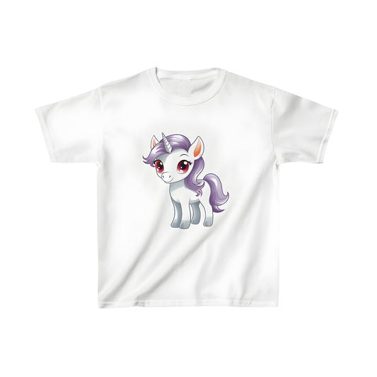 Colorful cartoon illustration of a cute unicorn on a kid's t-shirt