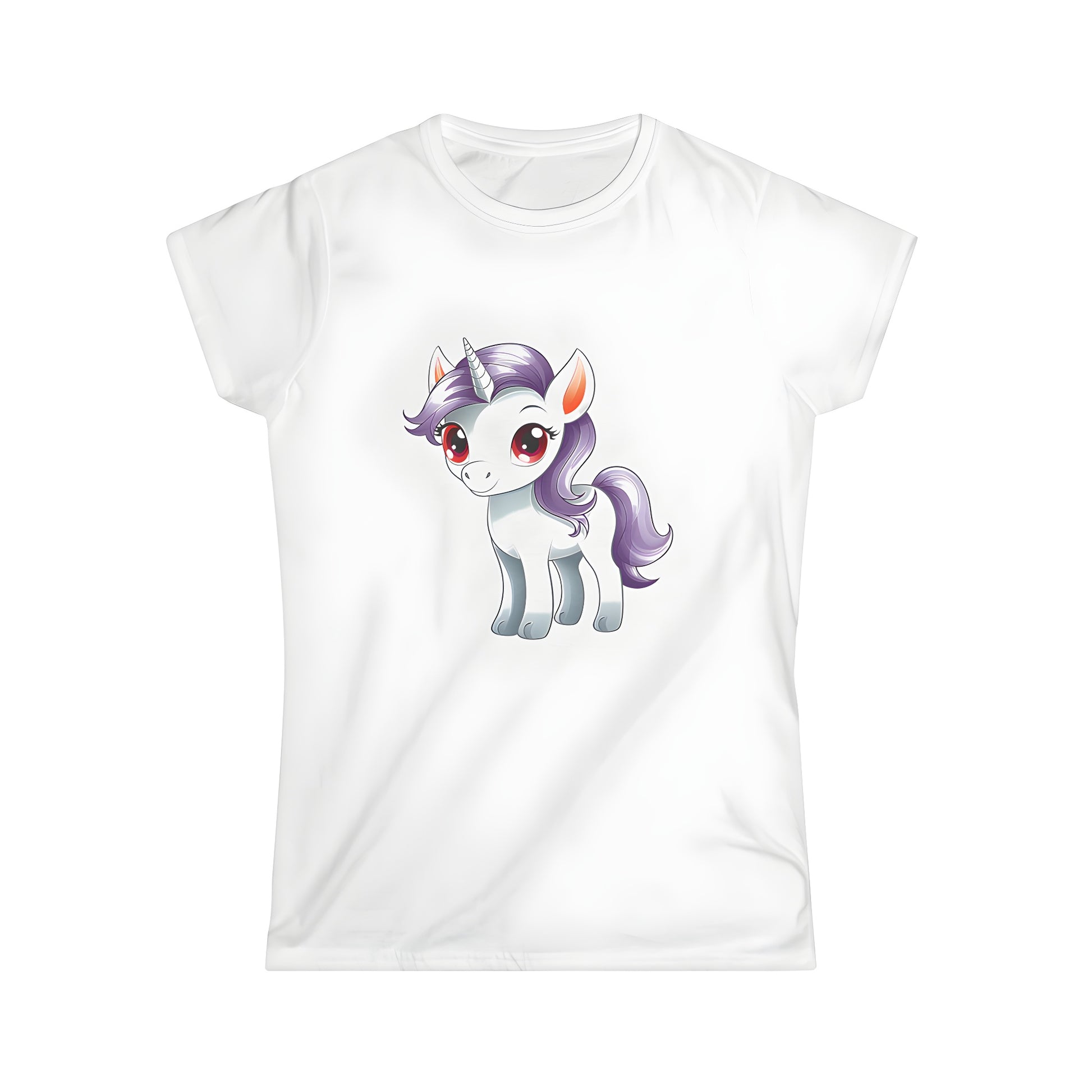 Women's t-shirt featuring a vibrant cartoon unicorn illustration with purple mane and big pink eyes