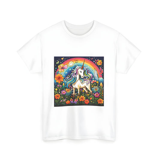 Colorful unisex t-shirt featuring a whimsical illustration of a unicorn with a rainbow mane standing in a vibrant flower-filled garden