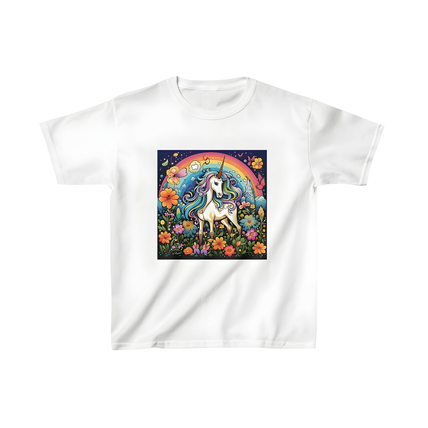 Colorful kid's t-shirt with enchanting unicorn design featuring a magical creature with a rainbow mane standing in a beautiful flower-filled garden under a vibrant rainbow