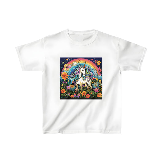 Colorful kid's t-shirt with enchanting unicorn design featuring a magical creature with a rainbow mane standing in a beautiful flower-filled garden under a vibrant rainbow