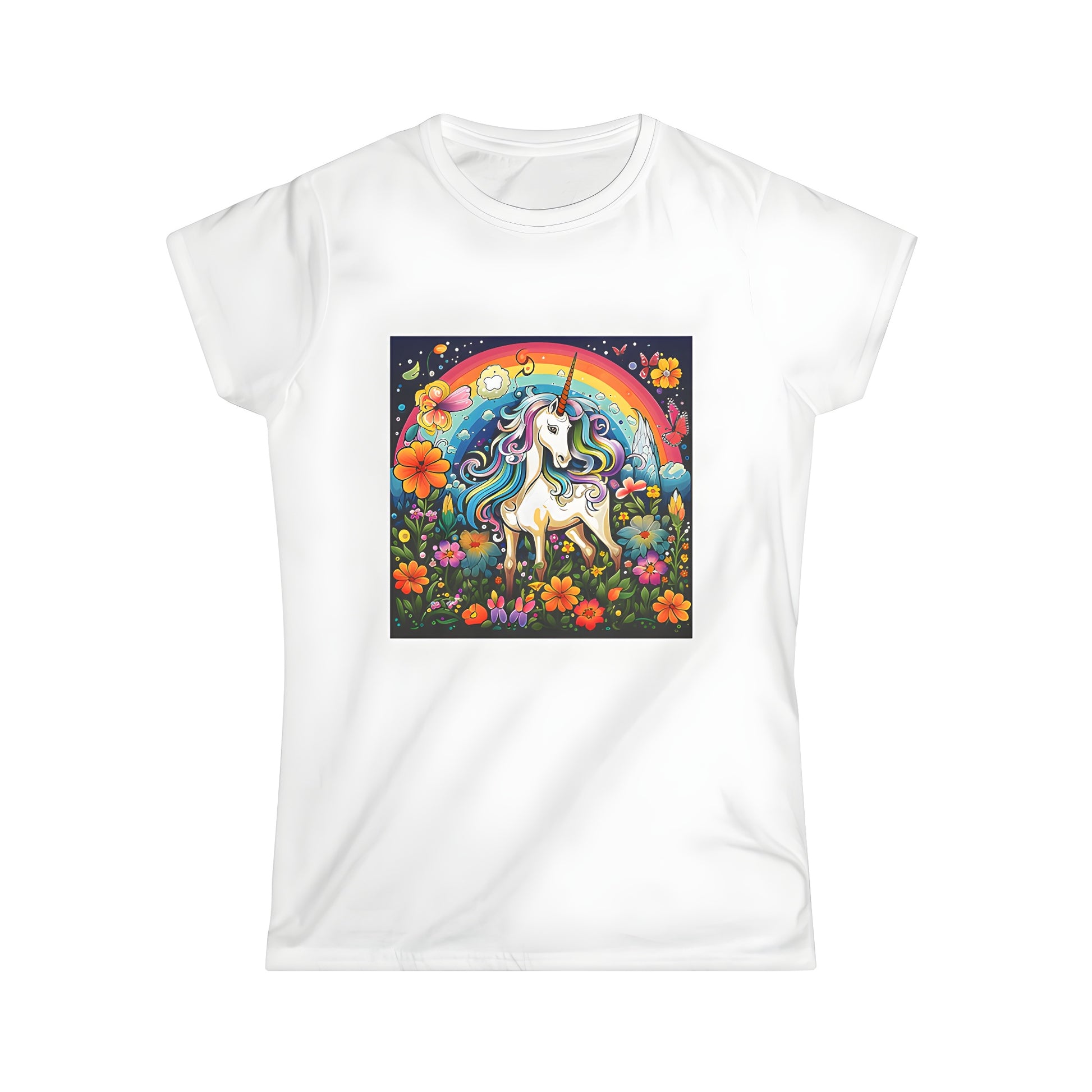 Women's T-shirt with Magical Unicorn design featuring a mythical unicorn with a colorful rainbow mane in a garden setting