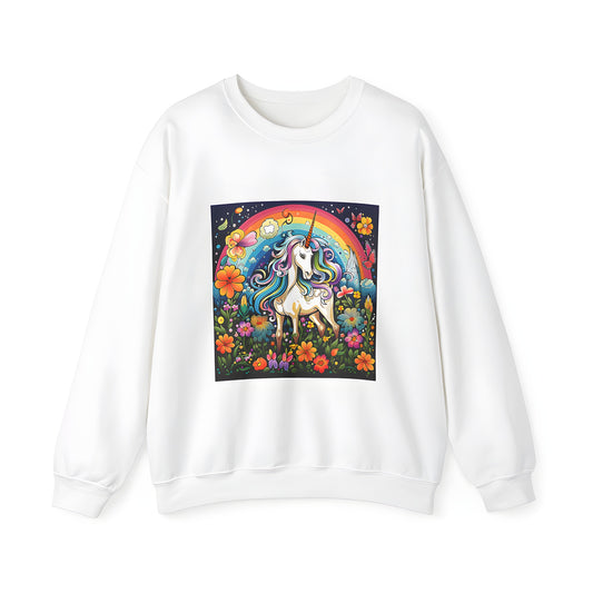 Adult sweatshirt with whimsical magical unicorn design, featuring a colorful rainbow mane and garden scene.