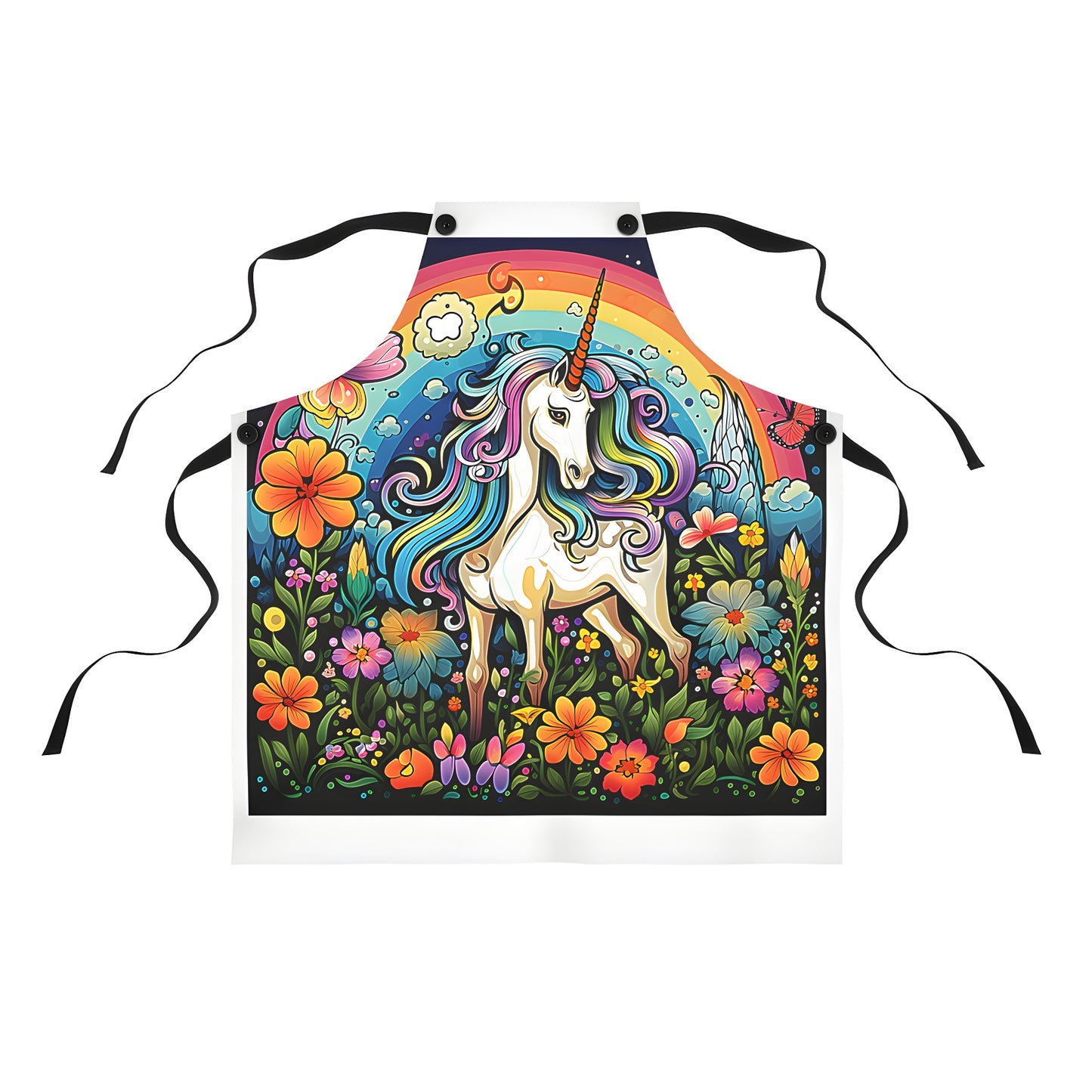 Colorful apron featuring whimsical unicorn illustration with magical design