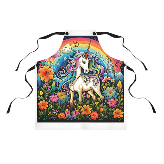 Colorful apron featuring whimsical unicorn illustration with magical design