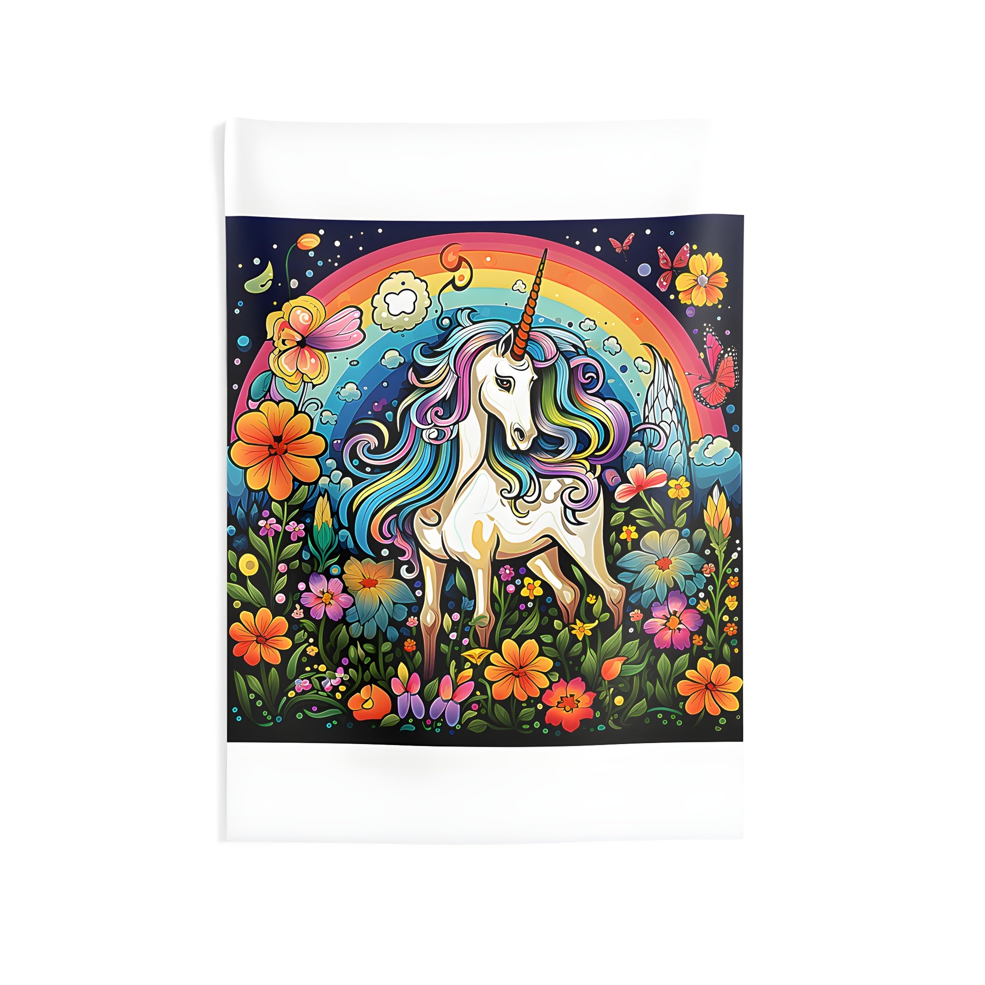 Indoor Wall Tapestry featuring a Magical Unicorn with Rainbow Mane standing in a Colorful Flower-filled Garden