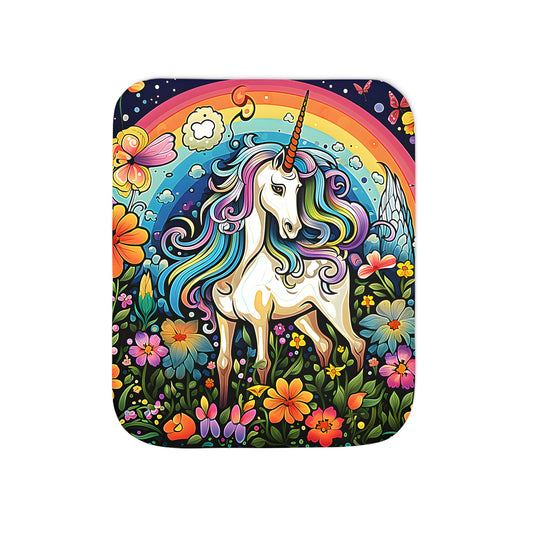 A colorful blanket featuring a whimsical unicorn design with a rainbow mane and flowers, perfect for adding a touch of magic to your home