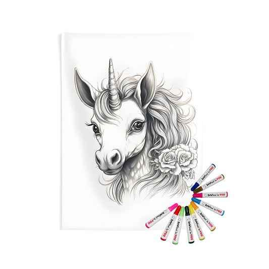 A black and white illustration of a unicorn with detailed mane and roses on an indoor wall tapestry for adult coloring