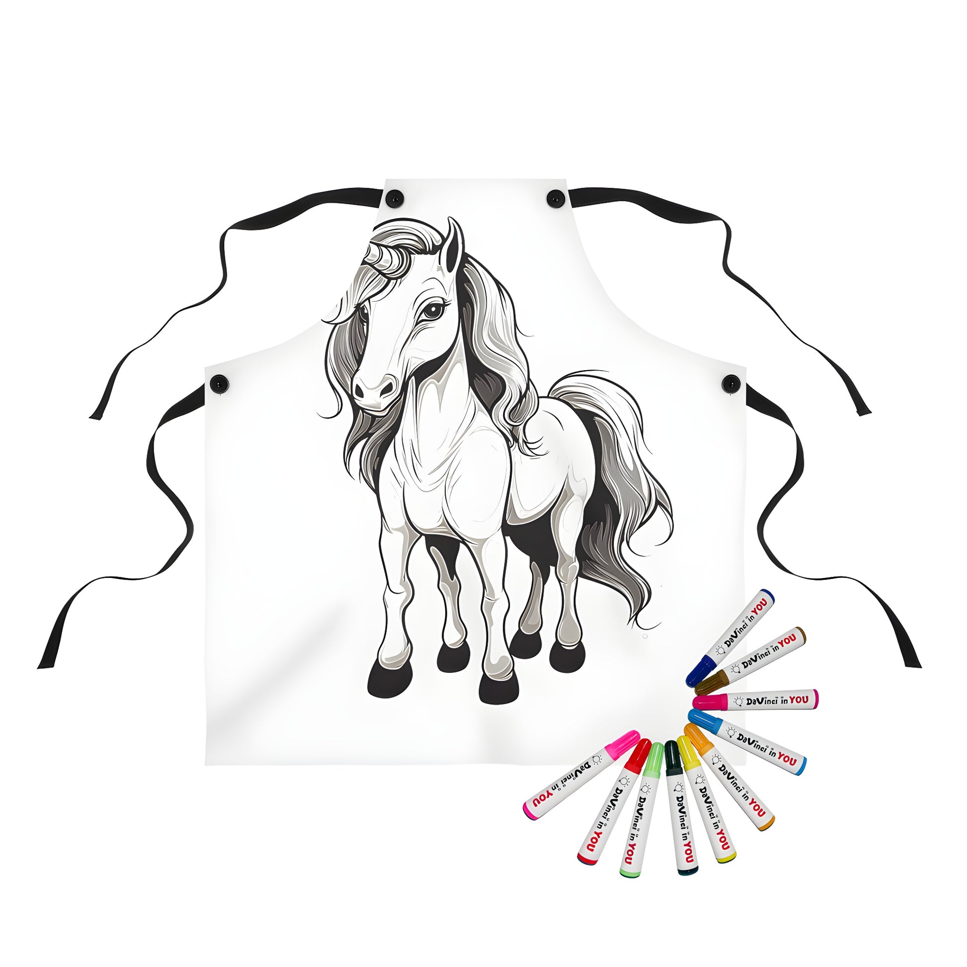 Apron with colorful illustrations of a horse-like mythical creature with a beautiful flowing mane and tail, perfect for adult coloring books, unicorn enthusiast gifts