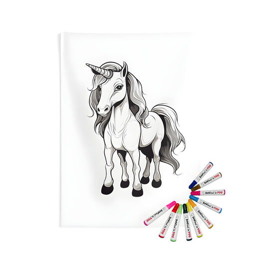 Magical indoor wall tapestry featuring an intricate black and white illustration of a majestic unicorn, perfect for bedrooms, living rooms, or home offices. Also known as: horse, mythal, winged pony, mythical steed.