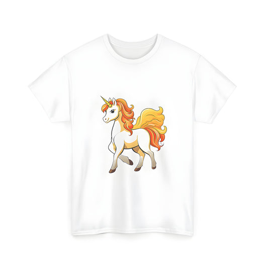 Unisex T-shirt with colorful unicorn design featuring a golden horn and orange-yellow flowing mane