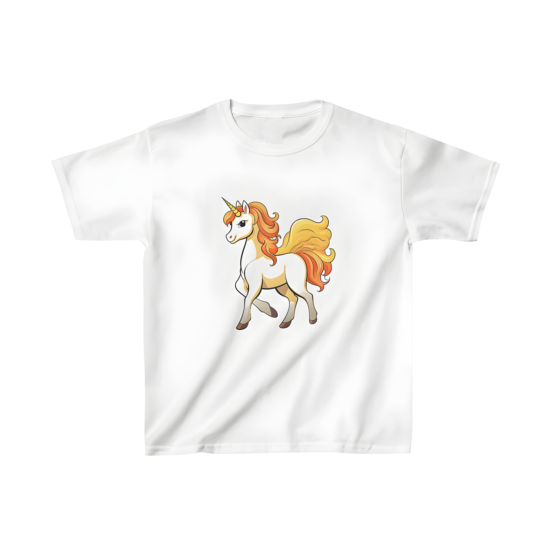 A vibrant kid's t-shirt featuring a whimsical unicorn design with golden horn and flowing orange-yellow mane