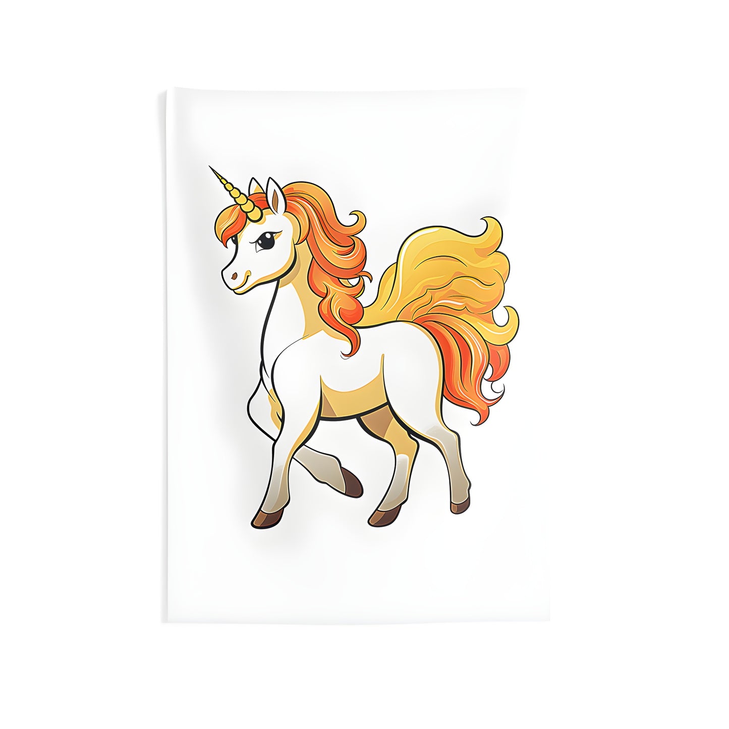 Colorful indoor wall tapestry featuring a unicorn with golden horn and orange-yellow flowing mane