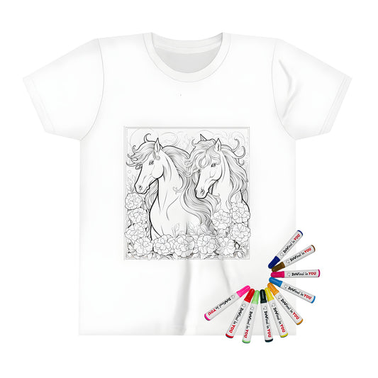 Kid's t-shirt with intricate black and white line drawing of horses, floral pattern, colorful fabric markers