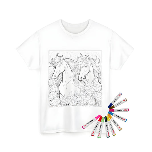 Unisex t-shirt with intricate horses and flower designs