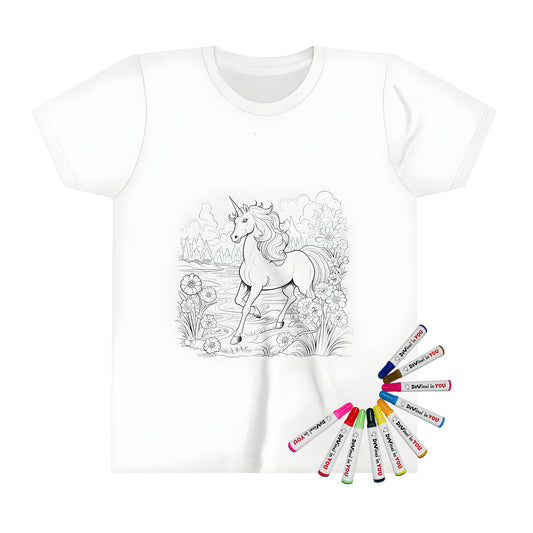 A kid's t-shirt featuring a magical unicorn design in a serene natural setting