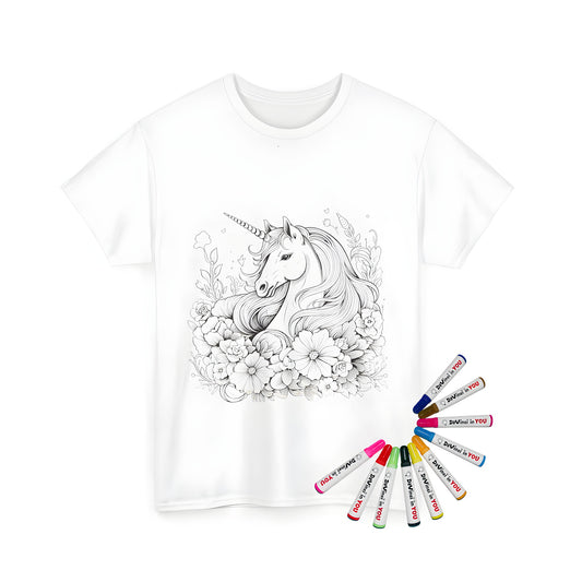 Coloring kit for unisex t-shirt featuring a detailed black and white outline of a horse with a flowing mane, surrounded by various flowers