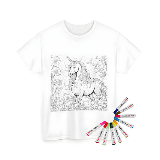 Unisex t-shirt featuring a magical unicorn design with flowing mane and colorful flowers, perfect for anyone who loves mythical creatures like horses, steeds, or pegasus.