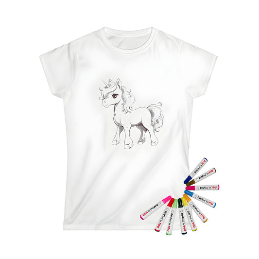 Women's t-shirt featuring an adorable black and white illustration of a cute unicorn with a flowing mane and tail. Perfect for coloring book fans and horse enthusiasts alike!