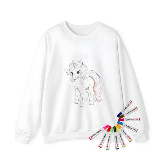 Adult sweatshirt featuring adorable cartoon unicorn design with colorful fabric markers