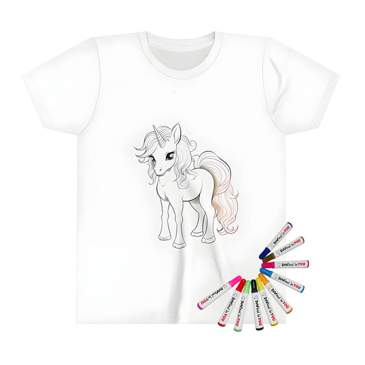 Coloring kit for kids featuring a cute baby unicorn illustration on a kid's t-shirt