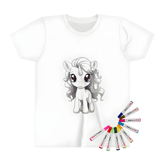 Colorful kid's t-shirt featuring a whimsical unicorn illustration with bright, expressive eyes and flowing curly mane, perfect for art-loving kids.