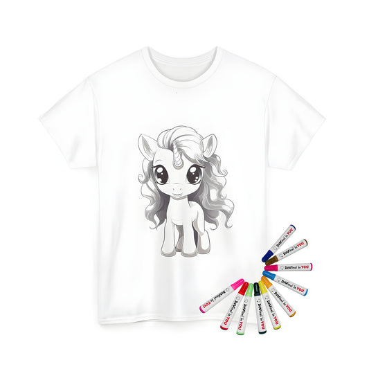 Unisex coloring kit t-shirt with cute unicorn design and 10 fabric markers. Perfect for kids and adults alike