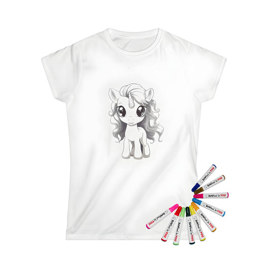 Women's t-shirt featuring colorful unicorn design with expressive eyes and curly hair on a white background