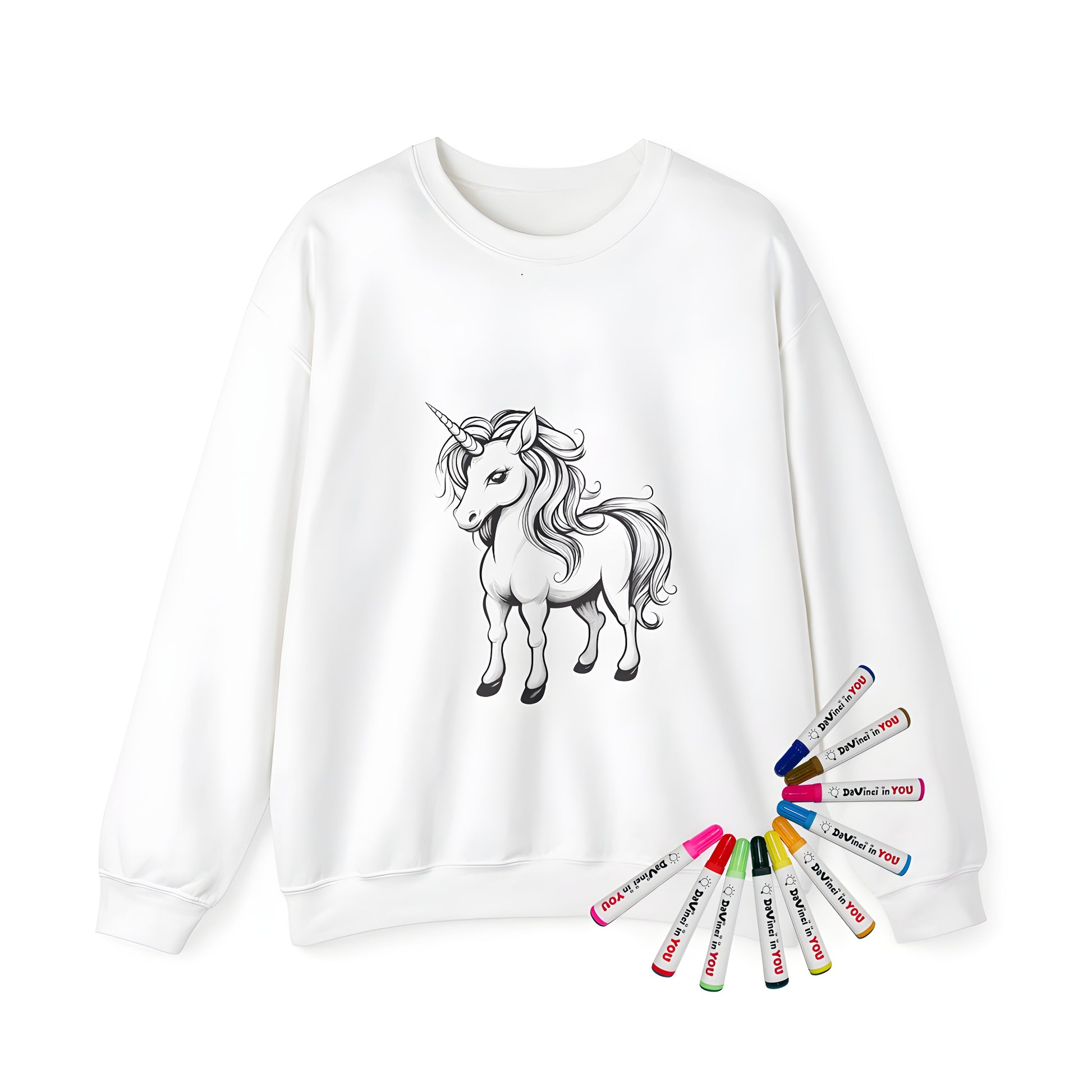 Adult sweatshirt featuring detailed unicorn illustration with flowing mane and prominent horn