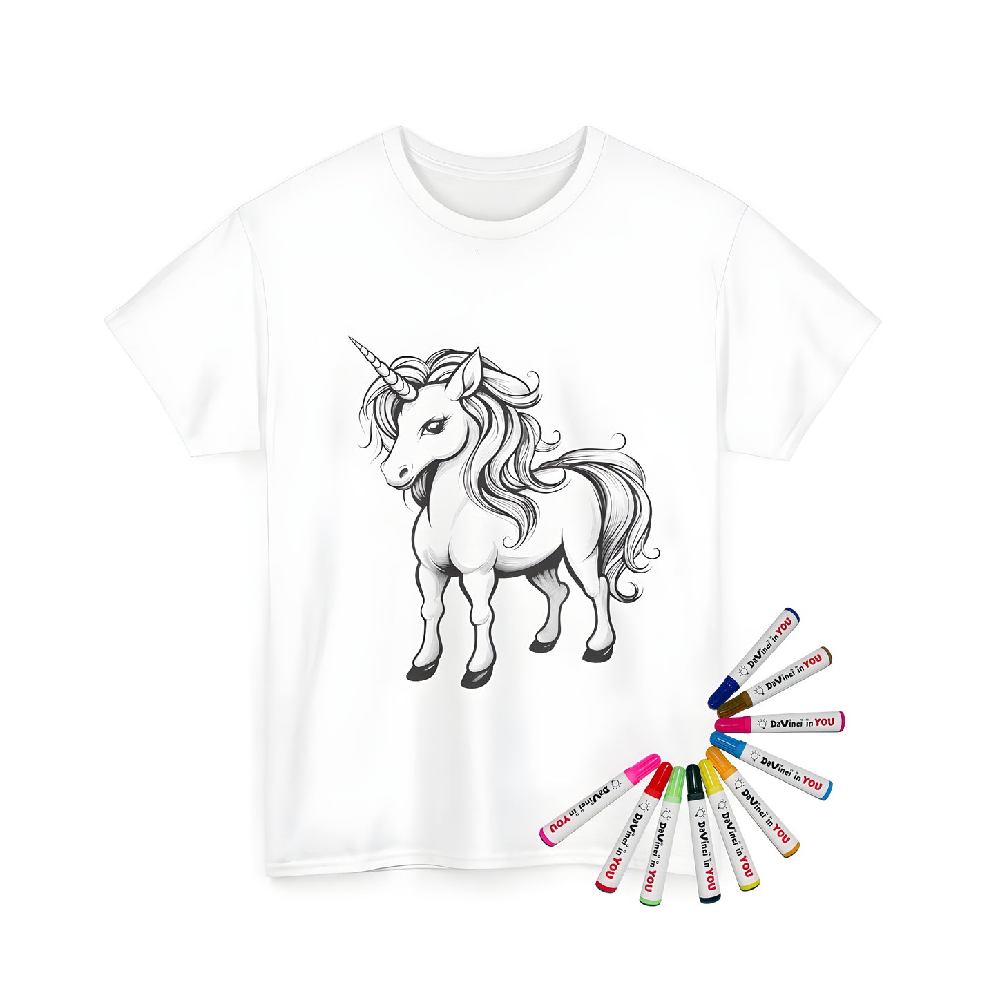 Unisex T-shirt featuring a majestic unicorn illustration, perfect for coloring enthusiasts and mythical creature fans.