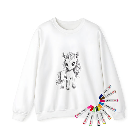 Adult sweatshirt featuring a fantasy unicorn illustration with flowing mane and big eyes