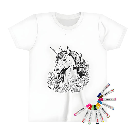 Colorful kid's t-shirt featuring a detailed illustration of a horse, mythical creature, or magic pony design with flowers and mane