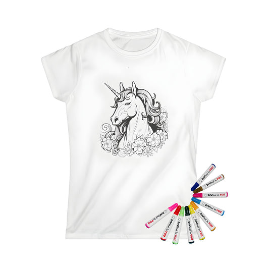 Coloring page artwork on a Women's t-shirt featuring a detailed black and white unicorn illustration with flowing mane adorned with flowers