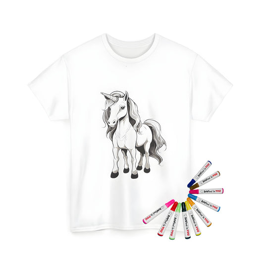 Unisex T-shirt featuring a colorful, whimsical unicorn illustration on a black background