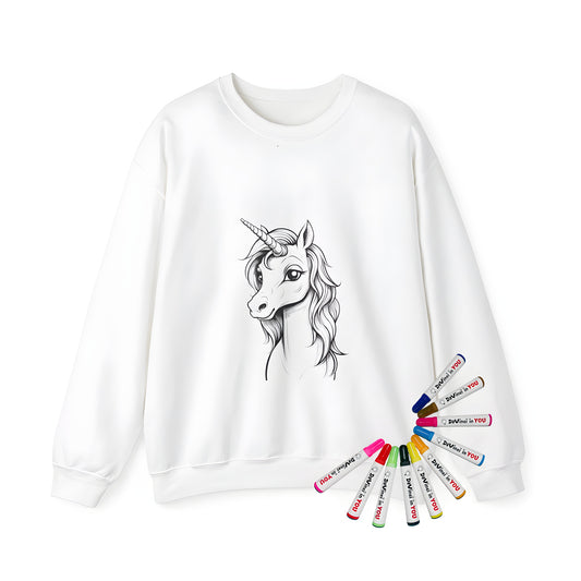 Adult sweatshirt featuring a whimsical black and white illustration of a horse with a flowing mane and prominent horn, ideal for coloring