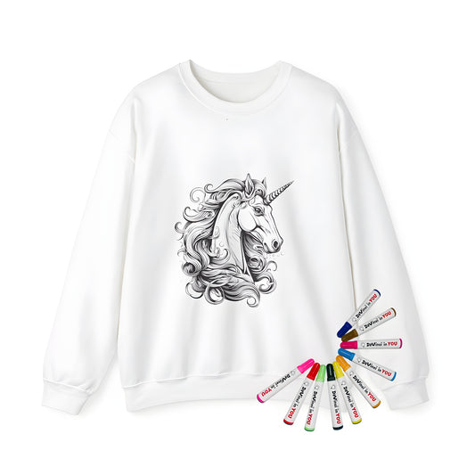 Adult sweatshirt featuring a majestic unicorn design, perfect for fantasy fans. Black and white illustration of a unicorn's head with flowing mane and prominent horn.