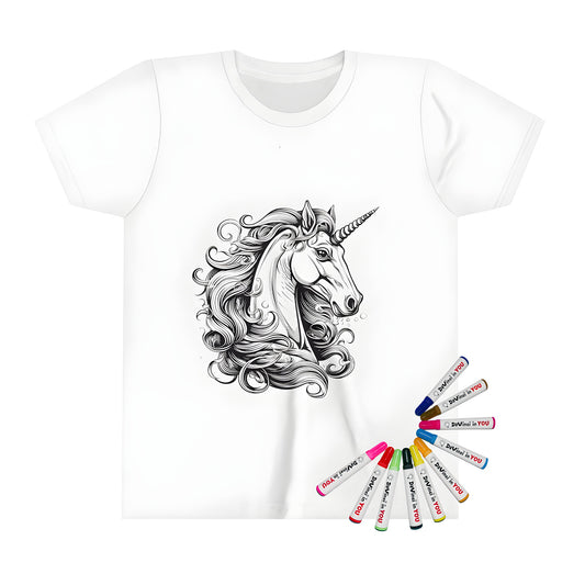 Colorful kid's t-shirt featuring an enchanting unicorn design with vibrant fabric markers