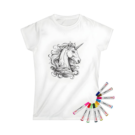 A black and white illustration of a unicorn's head on a Women's T-shirt