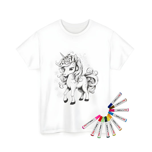 Unisex t-shirt featuring a colorful unicorn and flower design