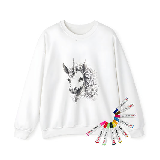 Adult sweatshirt with unicorn illustration, featuring floral design, whimsical pattern, and magical fantasy artwork