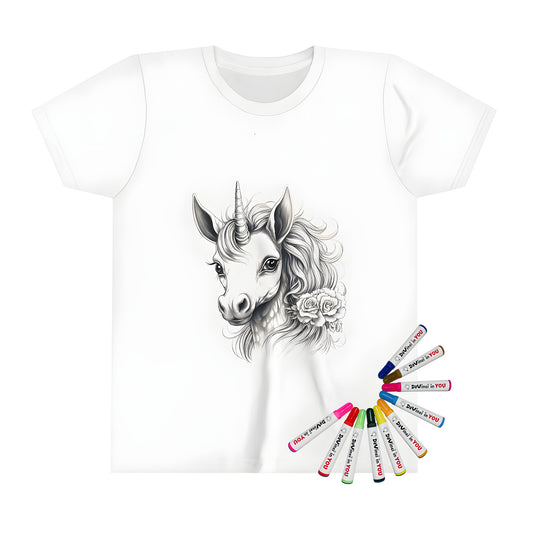 Kids' t-shirt with vibrant floral unicorn illustration