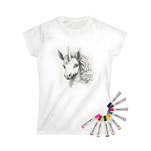 Women's t-shirt featuring a unicorn illustration with flowers, elegant and whimsical design, perfect for fantasy fans