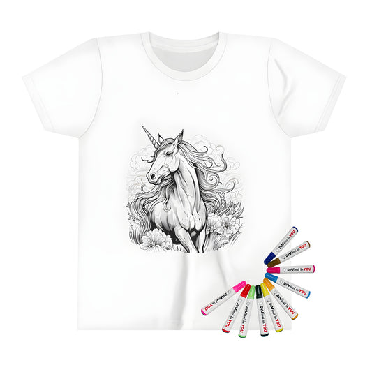 Coloring t-shirt for kids with intricate unicorn design and colorful fabric markers