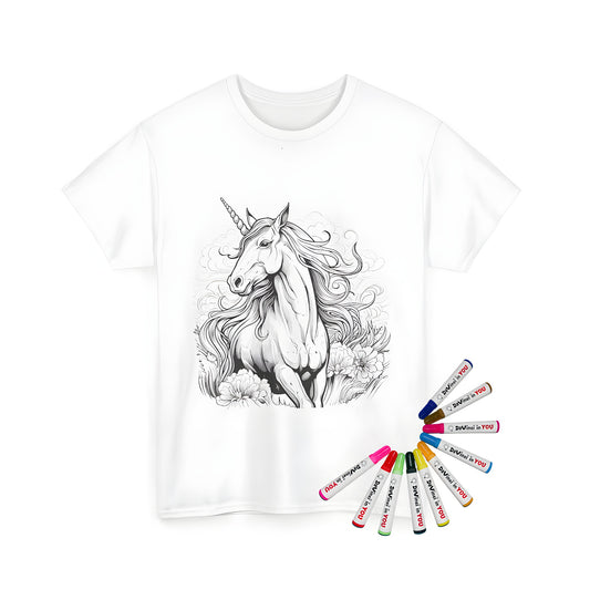 Colouring kit with unicorn design on a unisex t-shirt for kids and adults alike. Includes 10 fabric markers. Perfect for colour enthusiasts, hobbyists, and fans of magical creatures like horses, mythical stallions, or winged horses.